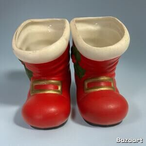 Vintage Ceramic Santa Boot Planter Red Holly Leaf Christmas Holiday Decor 5"